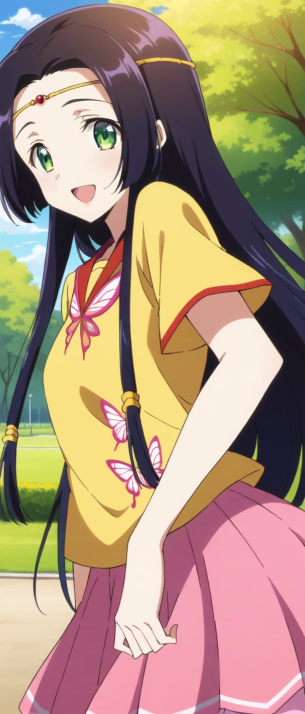 sumeragi kaguya, green eyes, black hair, long hair, hair tubes, yellow t shirt, pink skirt, butterfly print, smiling, sunny day, park, mouth open teeth, capped slevees, standing,
