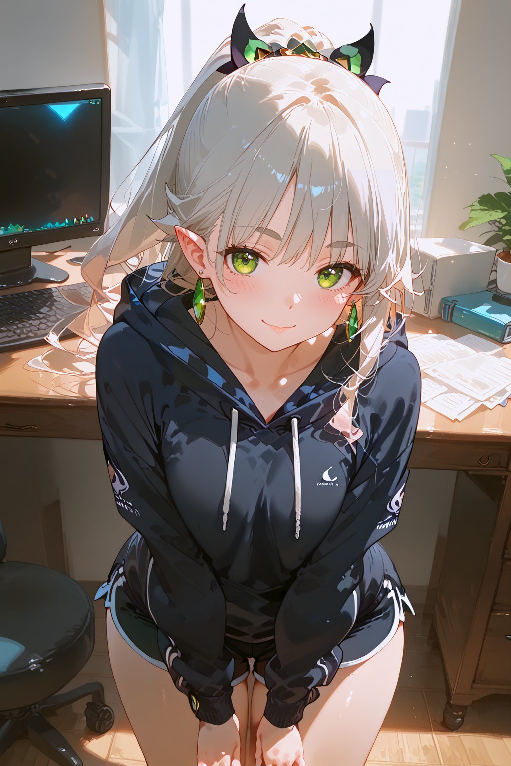  1girl, pointy_ears, solo, shorts, hood, dolphin_shorts, hoodie, green_eyes, earrings, blush, jewelry,, looking_at_viewer, indoors, ponytail, blue_shorts, long_hair, white_hoodie, parted_bangs, thick_eyebrows, white_hair, short_shorts, closed_mouth, bent_over, window, smile, desk, bangs, computer, drawstring, monitor    shinobu