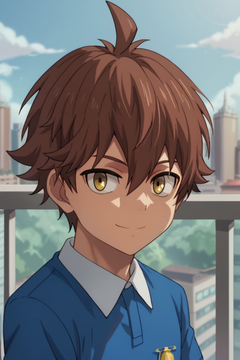 score_9, score_8_up, source_anime, highly detailed, solo, 1boy, male focus,score_9_up,score_7_up,masterpiece,cartoon, portrait, looking_at_viewer, thin, big_eyes, Child Emperor,Isamu,brown hair, yellow eyes, spiky hair, ahoge, city, looking_at_side, blue light polo shirt,blue shorts, smile, close-up,