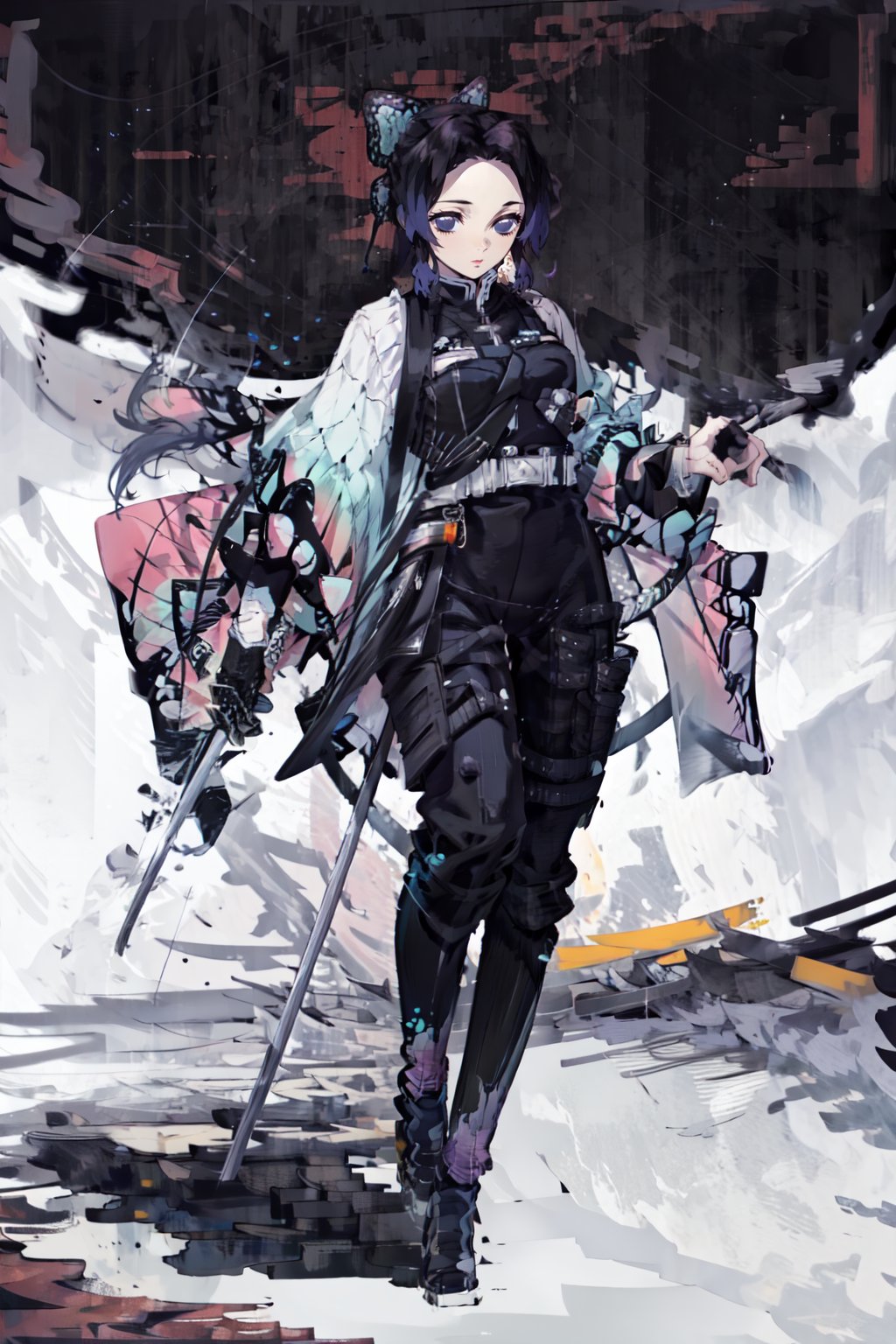 1girl, solo, butterfly hair ornament, purple eyes, multicolored hair, short hair, parted bangs, forehead, temple, blqck techwear jacket, black gloves, tactical vest, with buckle and tape, full body, kochou shinobu, KatanaOneHand, battle pose, smiling