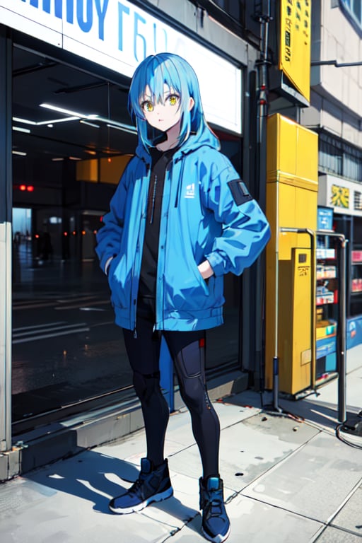 rimuru tempest, blue hair, yellow eyes, long hair, blue jacket, hands in pocket, standing infront building, cyberpunk