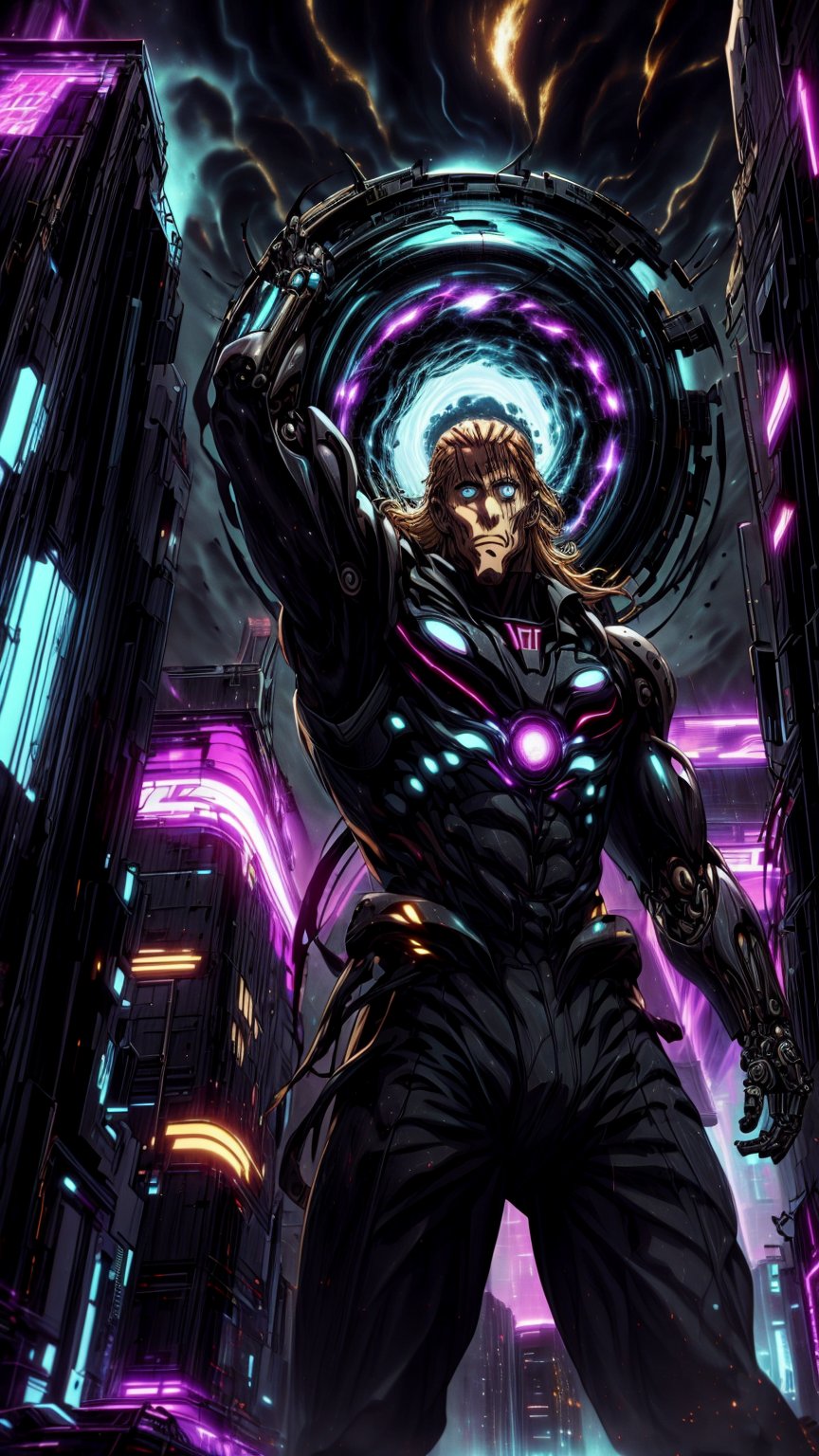 1boy, king, anime, one punch, blonde hair, solo, scar, blue eyes, long hair, ulblackholetech, scifi, technology, mechanical suit, excessive energy, blackhole, city