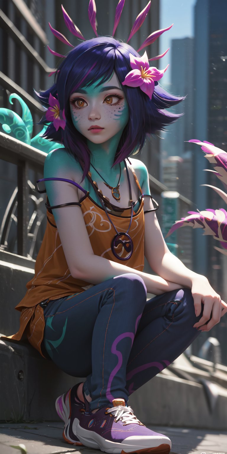 neeko, facial marks, hair ornaments, hair flower, necklace, purple shirt, bare shoulders, jeans pants, purple sneakers, city, sitting on sidewalk