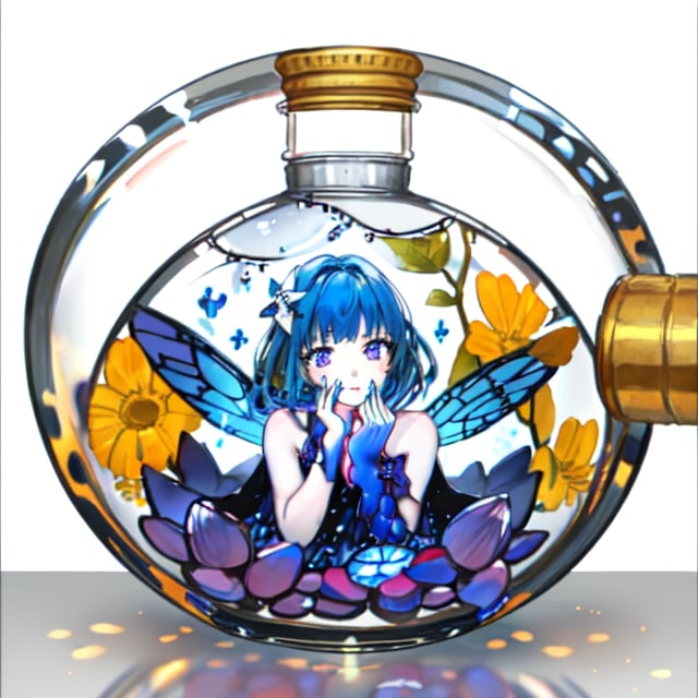 master piece, brillants colors,hd,, best quality,high quality:1.5,1 girl, fairy, enclosed in a glass container of a potion, her wings bright blue, yellow and purple, which makes the glass shine intensely,Bottle,Add more details.,def_face,In glass bottle,bottle.
