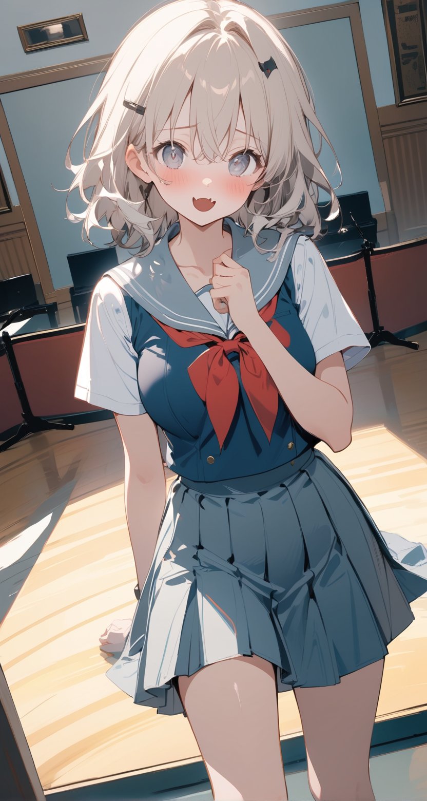 1girl, medium breasts, school uniform,
mesugaki, smile, looking at viewer, blush, hand up, skin fang, 
dutch angle, feet out of frame, looking at viewer, blonde hair, silver eyes,scared, music room, open mouth, shiny hair,,encore_(wuthering_waves)