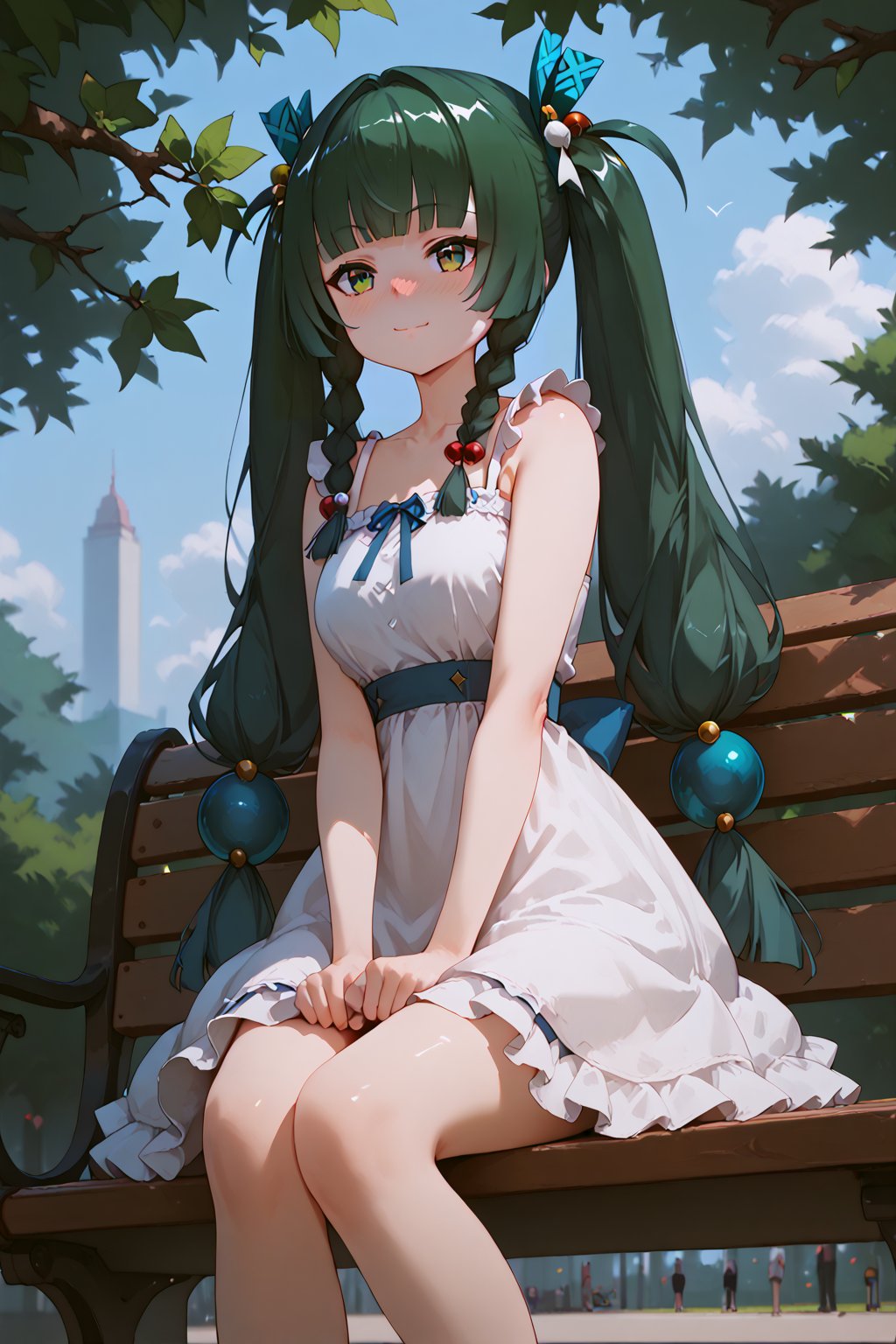 score_9, score_8_up, score_7_up, BREAK source_anime, 1girl, solo, outdoors, park, cowboy shot, looking to the side, qingyi, green eyes, green hair, very long hair, twintails, blunt bangs, hair bobbles, side braids, hair ornament, sundress,happy face,spaghetti strap, white dress, frilled dress, nose blush, sitting, on bench, closed mouth, from below,Zero_Qing yi