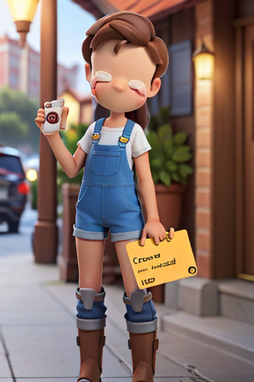 little girl, light tan skin, brown hair, wearing a overall, faceless, legless, crying, holding a free credits sign