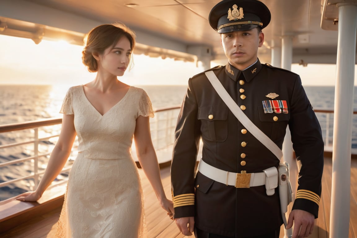 A solemn moment unfolds as the handsome male officer, dressed in crisp military attire, stands at attention on the deck of the departing ship, his gaze fixed forward, against a backdrop of warm golden light from the setting sun. His short hair and stern expression convey a sense of duty-bound responsibility. In contrast, his long--haired, beautiful wife, elegantly attired in a flowing dress, waves goodbye with a hint of sadness etched on her face, as if struggling to hold back tears. The composition is balanced by the officer's rigid stance and the wife's gentle wave, creating a poignant farewell.