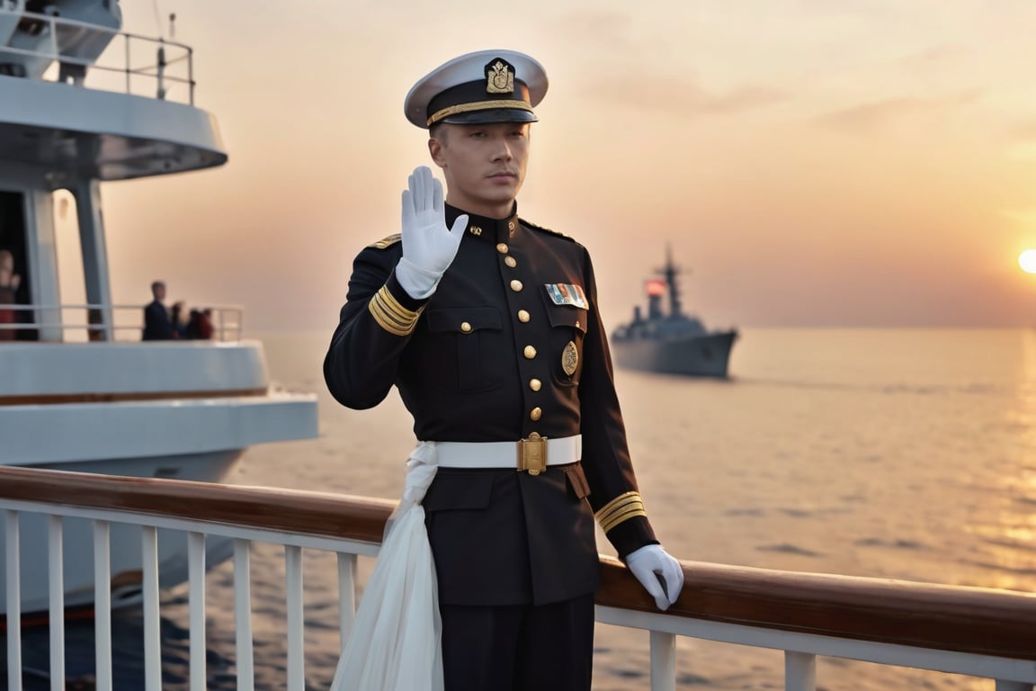 A solemn moment unfolds as the handsome male officer, dressed in crisp military attire, stands at attention on the deck of the departing ship, his short hair and stern expression conveying duty-bound responsibility. The warmth of the setting sun casts a golden glow on the scene, highlighting the poignant farewell between him and his long-locked, beautiful wife, elegantly attired in a flowing dress, her waving goodbye infused with a hint of sadness as she struggles to hold back tears.