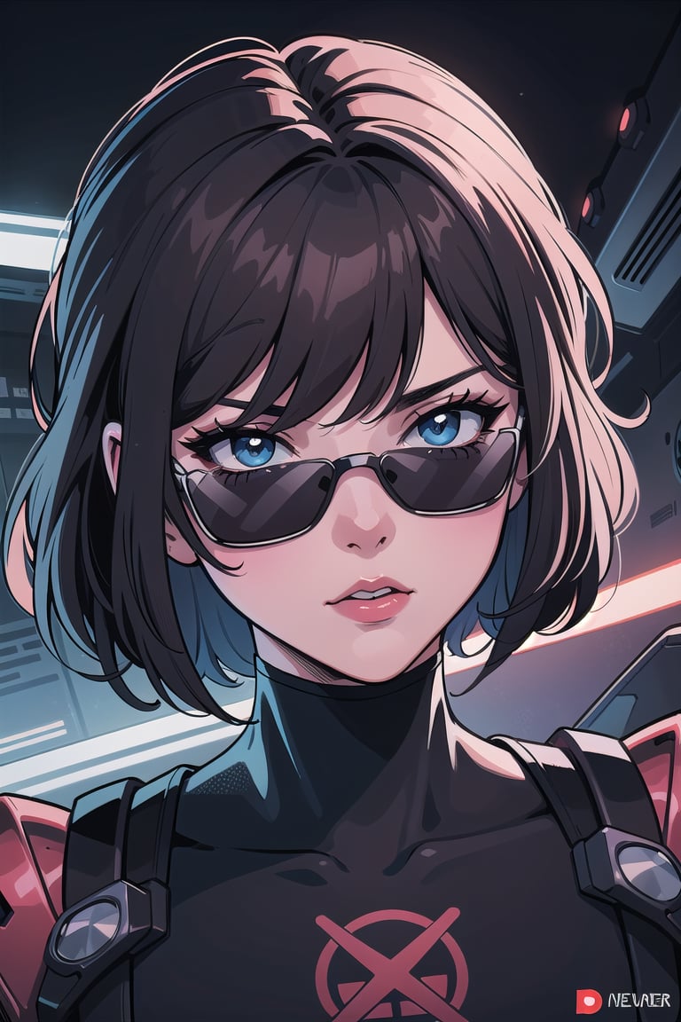 illustration comic retro, comic '80s style, character brunette pinup girl face robot with sunglasses cyberpunk, dark background lights retrowave, logo gamer sticker format