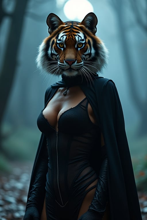 An anthropomorphic female tiger dressed up as Catwoman. The scene is set under moonlight, with a touch of mist to create an eerie atmosphere.