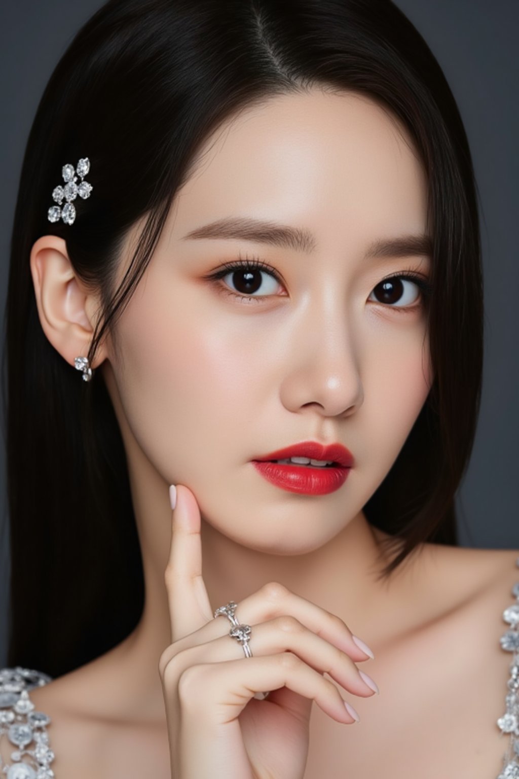 Yoona, her authentic facial features in detail, her characteristic (emotions:1.9), graceful body, gracious fingers, diamond rings, black hair, black eyes eyebrows and eyelashes, decollete, diamond hairpin, hdr, HQ, studio photography, korean makeup