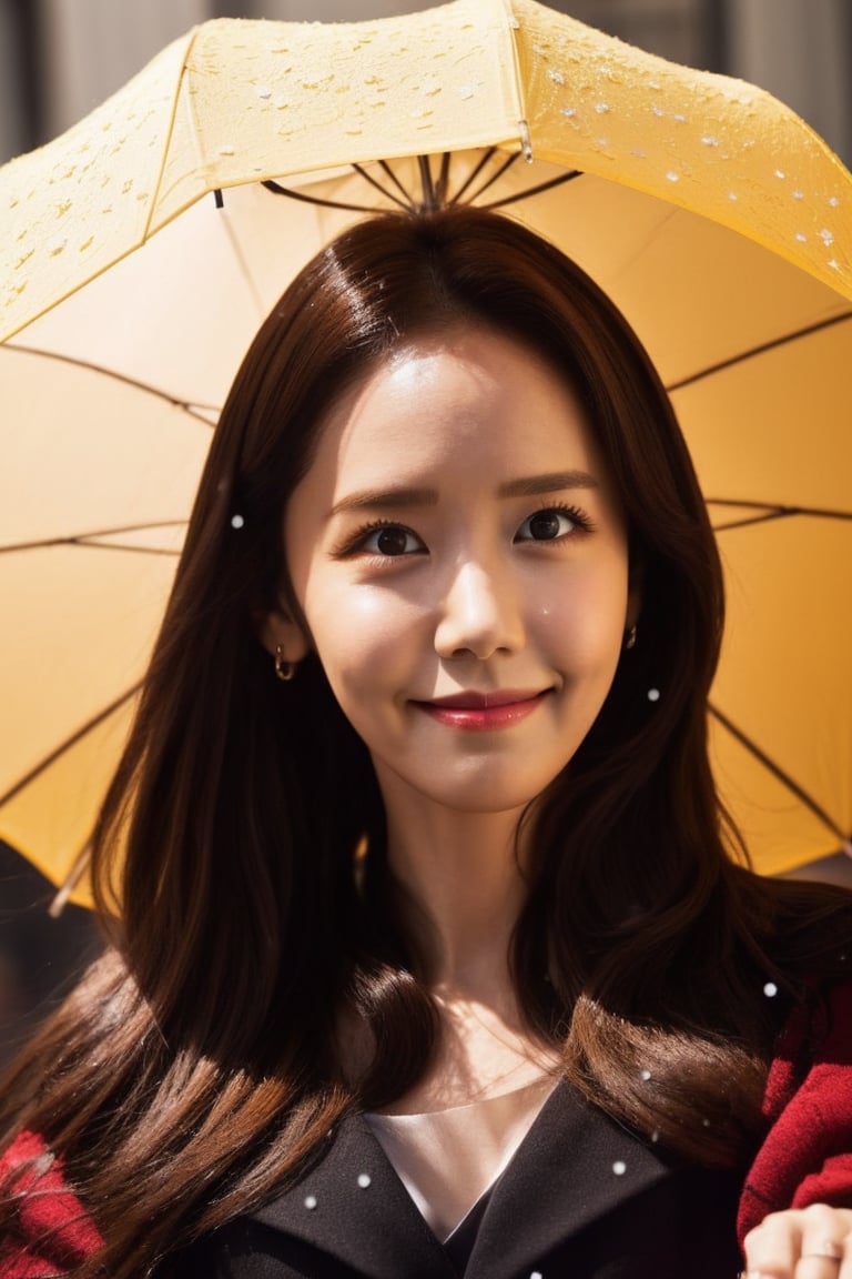 Lim Yoon Ah,26 years ago, moments stretch and twist, turning a hurried walk into an eternity of swirling flakes. (masterpiece, detailed artwork), Snowflakes,1girl, brown eyes, sleepy, blush, (detailed lips), (in yellow under an umbrella), twin drills, drill locks,black hair, jewelry, sleepy eyes, Snow, snowflakes,masterpiece,BACK VIEW,kpop makeup, Korean,baby face,high smile nose, ((annoyed)), tall, slender, black hair, yoona crooked legs, yoona protruding forehead, (yoona straight low eyebrows), almond-shaped narrow yoona eyes, dark brown pupils, smile eyes, left eye narrower than right, high yoona cheeks, upturned  cute asian nose, thin yoona lips, The corners of the lips are deep, dimples on yoona cheeks, high yoona jaw, blunt yoona chin, selfie,a full body shot,lora:IcfgirlLora_v40:1,Beauty,photorealistic,Cutest baby ,sugar_rune