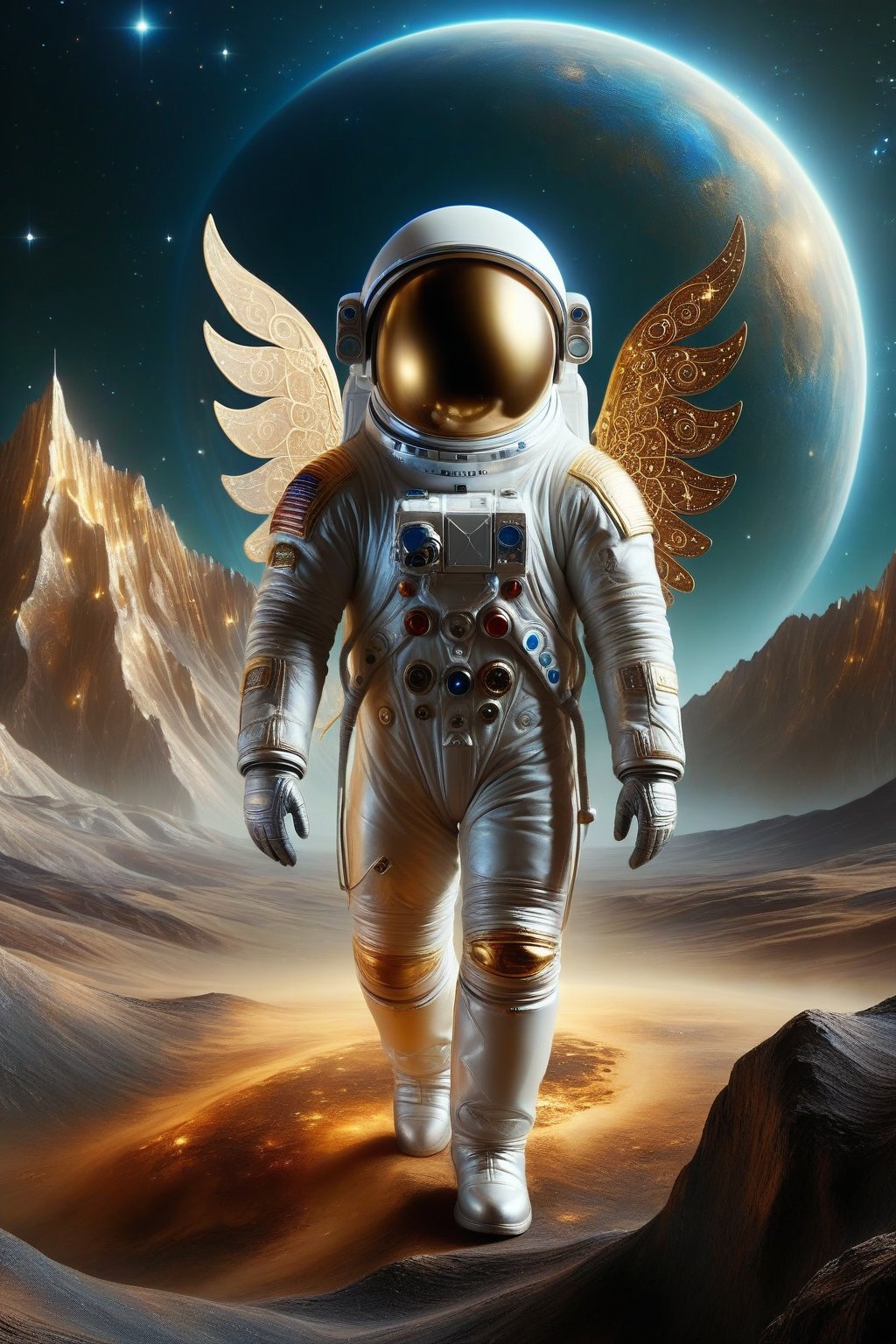 A Renaissance Lunar Landscape: An astronaut in period costume, with leather wings, walks gracefully across a lunar landscape painted in meticulous detail. The landscape is adorned with mountains reminiscent of Leonardo's compositions, with the Earth subtly glowing in the night sky. The deep crater resembles a mysterious depression and the iridescent crystal formations glow with an earthy, golden light. In the sky, a constellation shaped like a musical score intertwines with haloed stars in a celestial dance. The scene conveys a sense of harmony between science and art, capturing the essence of Renaissance exploration in a galactic context.,retro_rocket,futuristic, metal adorning,hollow inside,DonM0ccul7Ru57XL,tranzp