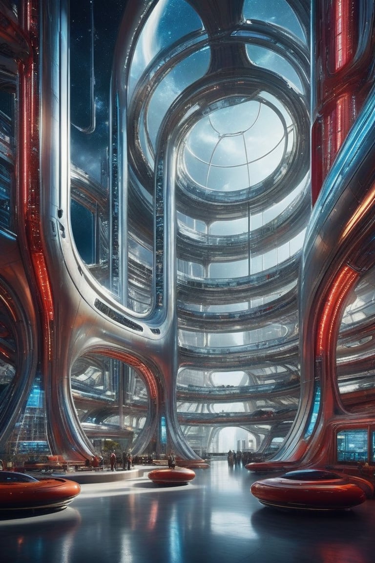 "Imagine an immense space station floating in the vacuum of space, built with enormous chrome metal panels and neon tubes that snake through its structures. Curved, aerodynamic shapes characterize the buildings and towers, with round windows that emulate the cabins of the science fiction spaceships from the mid-20th century. The predominant colors are bright silver, deep red and electric blue, creating a striking contrast against the dark background of space. From afar, the station looks like a futuristic vision of the. space age of the 50s, combining retro aesthetics with the grandeur and advanced technology of the future.,Indoor