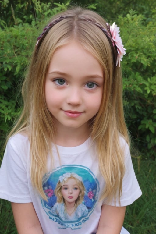 realistic, 5yo, woman,face, flowers in hair, t shirt, 1girl,blonde hair,cute,beautiful face,