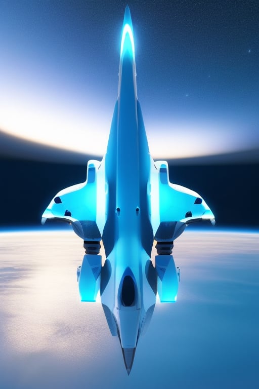 A spaceship,NCK manufacturer,a DT touring class spaceship with glowing LED lights on it. landing on an island,rendered in the style of a 3D rendering with a white background,photographed professionally with professional lighting and color grading to appear hyper realistic,cinematic shots,blue and white,Water surface reflection,In the distance is the deep starry sky. Astronaut,