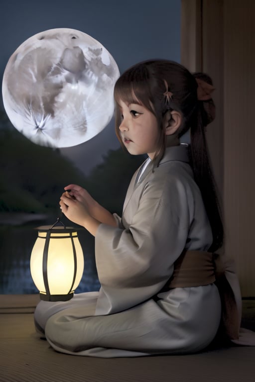 CNZQyuebing, midautumn, rabbit, 1boy, moon, lantern, flower, brown hair, japanese clothes, paper lantern, long hair, full moon, multiple girls, 1girl, kimono, sitting, night, black hair, lotus
