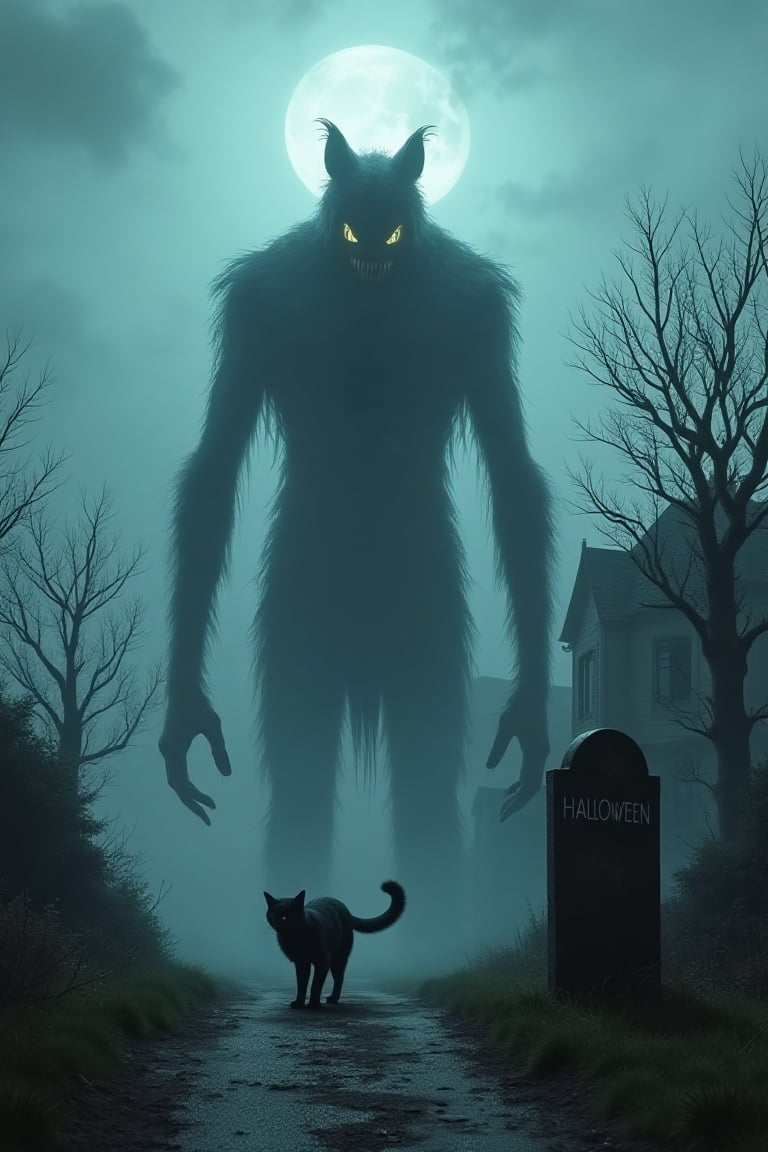 A towering eldritch monster, a spectral figure with elongated limbs and glowing, hollow eyes, emerges from a hauntingly dilapidated house. The house is shrouded in fog, with broken windows and twisted, gnarled trees surrounding it. a big black cat on the road ,next to a Tombstone with words"Halloween"