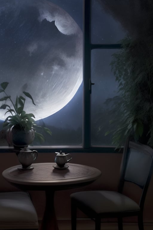 CNZQyuebing, midautumn, no humans, teapot, moon, night, window, sky, lantern, teacup, star (sky), night sky, plant, full moon, cup, scenery, vase, starry sky, tree, branch, saucer, table, tea, plate, lamp, potted plant, round window, kettle
