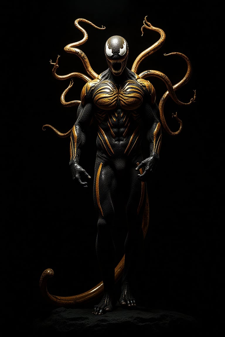 VENOM,n a high key photograph, a cimmerian gilded colossal sonic ,venomstroke symbiote emerges from darkness, its shimmering form blending perfect pitch and elemental power against a bright, surreal atmosphere. The camera captures every intricate detail of its anatomy: ebony skin gleaming with golden sheen, undulating tendrils both elegant and menacing. Framed against a stark black background, the symbiote's pose exudes mastery, illuminated by sharp, defined shadows that add depth to the composition.