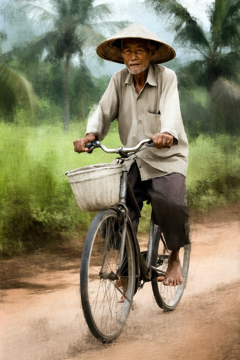 Portrait of an old Malaysian man riding a bicycle on a dirt road, created in an expressive brushstroke style. He wears traditional attire, such as a sarong and hat, with deep, thoughtful eyes. The village landscape is blurred with broad strokes, filled with lush plants and palm trees, highlighting a peaceful, timeless setting. The brushstroke technique adds a sense of movement and life, with warm tones and soft shadows.,Palette Knife