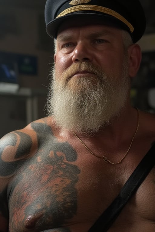 highly detailed raw photograph, indirect light, | obese, musclechub, grandpa, granddad, old, brute, burly, stocky, old,big full lips, sideparted blonde orderly hair, very hairy body, lotsa bodyhair, furry, dense chesthair, hairy arms,muscular,cop hat,jockstrap