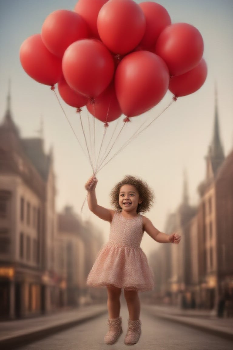 A whimsical scene: A little girl, beaming with excitement, holds onto a cluster of vibrant red balloons as she floats effortlessly in mid-air amidst a fantastical cityscape. Her curly brown locks bounce with each gentle sway, and her bright smile shines like the morning sun. The balloons, tied to a delicate silver string, seem to defy gravity, their inflated bodies glowing with an ethereal light.