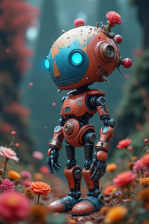 professional photography of an fantastical cute robot with whimsical elements, flowers and swirling magic, eerie fairytale landscape, elaborate fantasy style art, very colorful, intricate details, ultra sharp, exquisite detail, flawless composition, vivid colors, masterpiece, exciting background, magical glow, internal glow, magic, fantasy, glowing, colorful,