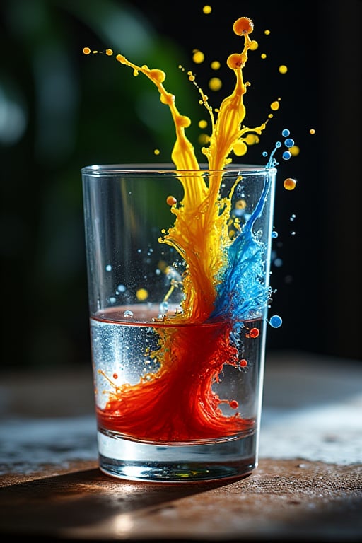 (((Black and white photography)))_(((Colour photography)))_(((Art photography, masterpiece)))_( an image filling glass with water,:1.5)_( red, blueyellow watercolour diffusing into the water in accelerated curvilinear perspective:1.7)_(in the backgrounda green figure:1.3)_(black and white surroundings:1.2), dark palette, 28mm, t1/250, f14, deep focus, high resolution and contrast and colour contrast, intricately textured and extremely subtle detailed, detailmaster2, backlight, dramatic lighting, ultra quality, fine artwork , Raw Photo