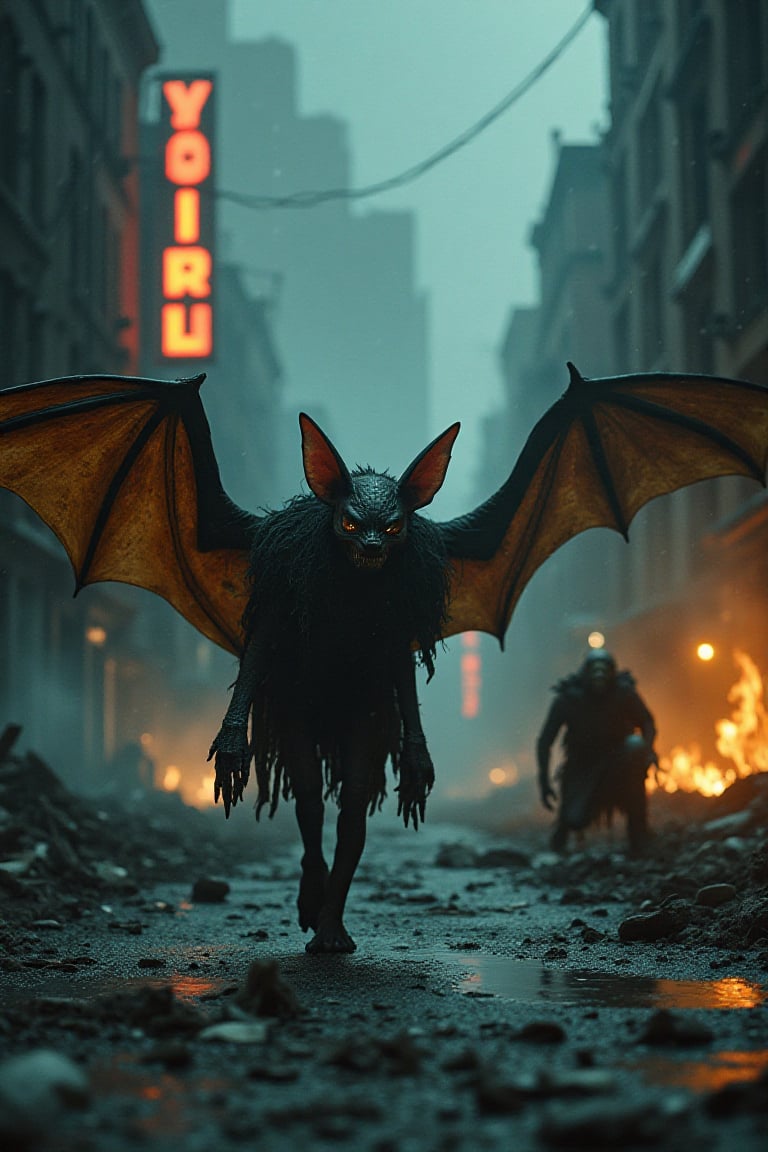 A haunting scene: Arafed zombie human bat with its wings spread open walks down a desolate street in post-apocalyptic New York, his creepy face illuminated by flickering neon signs and distant flames. In the shadows, Greta Thunberg-as-Gollum lurks, her eyes gleaming with an otherworldly intensity. Spiderman, also transformed into Gollum, crouches nearby, his grotesque features lit by a fiery glow. In the background, a 3D-rendered cityscape lies in ruins, shrouded in mist and smoke, as Jeremy Geddes' matte painting meets Chris Cunningham's global illumination. VFX mastery brings this eerie titan-Gollum to life.