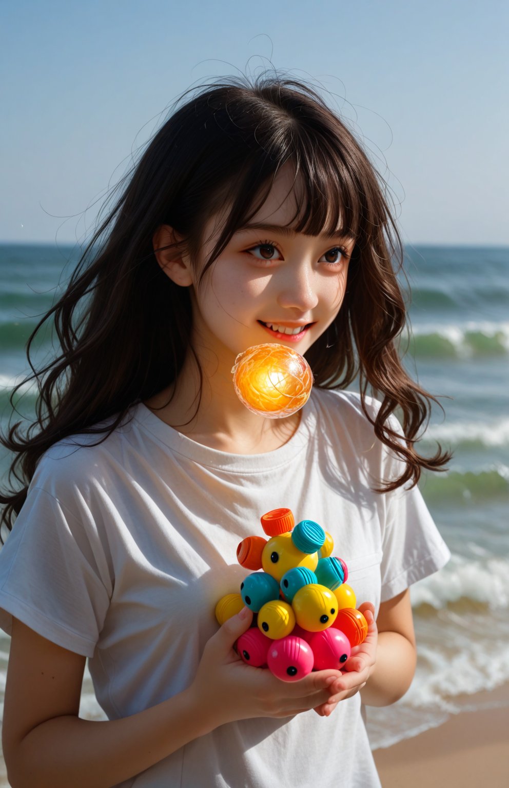 A young 13 year old girl with her dark hair falling in loose waves down her back. The warm golden light of the setting sun casts a gentle glow on her face, as she gazes softly into the distance. A scattering of colorful toys and books surround her, creating a playful atmosphere, kind smile