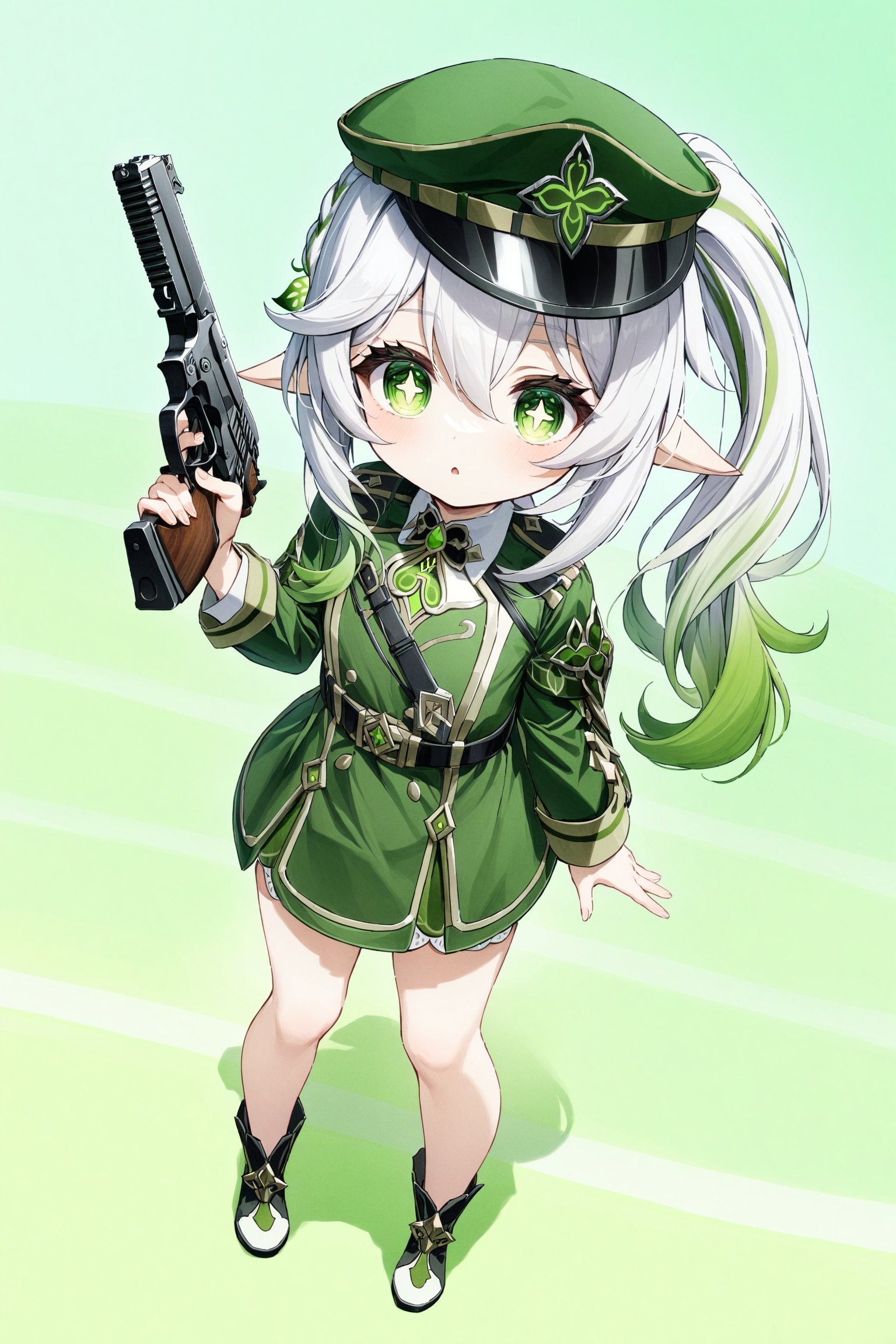 Nahida_(Genshin_Impact),green_eyes, white_hair, green_hair, hair_between_eyes, gradient_hair, hair_intakes, long_hair, side_ponytail, sidelocks, cross-shaped_pupils, pointy_ears,1girl,solo,full body,source_anime,uniform military green,hat,gun,Desert Eagle with suspensor,absured res,hight res,zPDXL-neg,best quality,real life,battlefield 2042 style,(masterpiece,best quality,ultra_detailed,highres,absurdres:1.2),cute