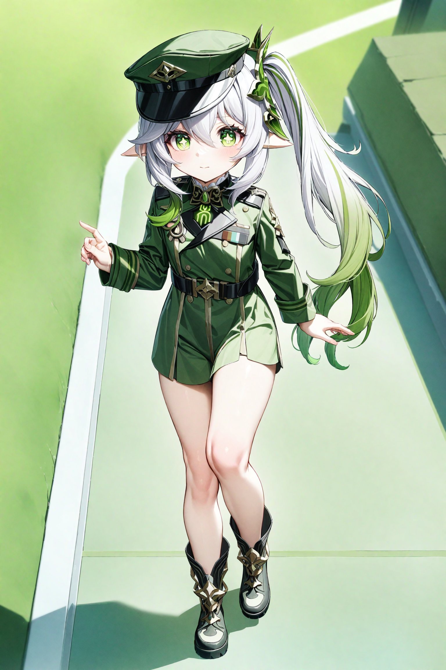 Nahida_(Genshin_Impact),green_eyes, white_hair, green_hair, hair_between_eyes, gradient_hair, hair_intakes, long_hair, side_ponytail, sidelocks, cross-shaped_pupils, pointy_ears,1girl,solo,full body,source_anime,uniform military green,hat,gun,Desert Eagle,absured res,hight res,zPDXL-neg,best quality,real life,battlefield 2042 style,(masterpiece,best quality,ultra_detailed,highres,absurdres:1.2),cute