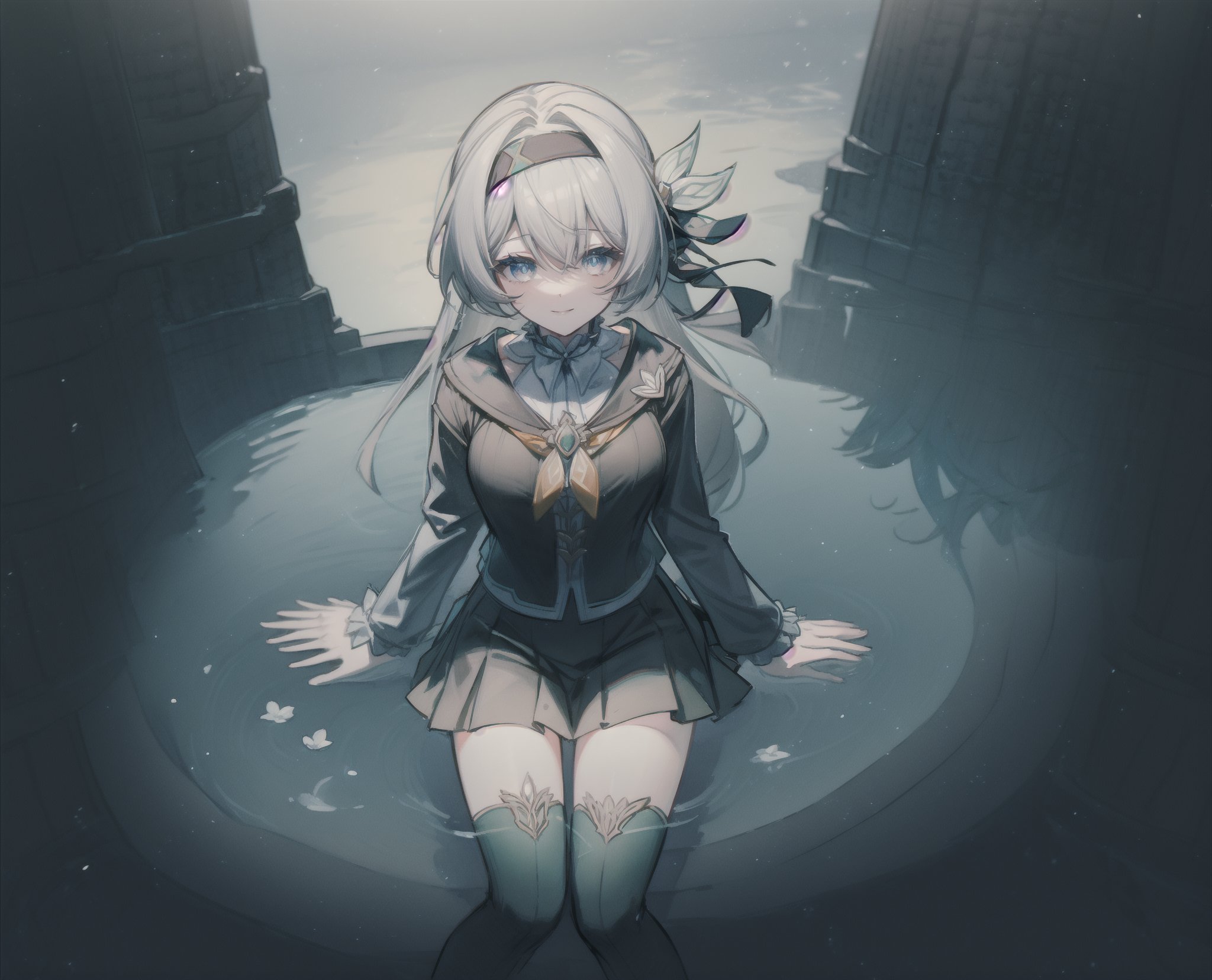 monochrome,grayscale,watercolor,masterpiece:2,((best quality)),highres,((looking_at_viewer)),1girl,solo,from above,
a gril sitting in a pool of lotus,leaves,perspective,depth of fields,sitting,water,
grey hair,long hair,hair ornament,black hairband,blue eyes,long sleeves,green skirt,green thighhighs,smile,