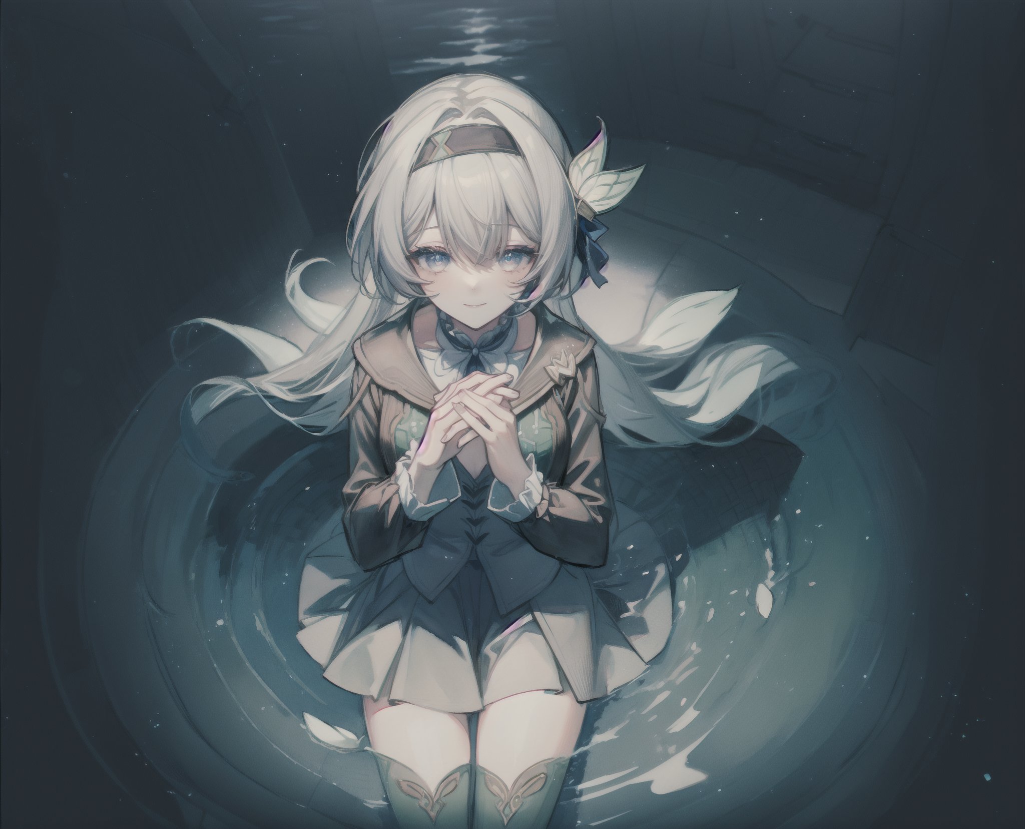 monochrome,grayscale,watercolor,masterpiece:2,((best quality)),highres,((looking_at_viewer)),1girl,solo,from above,
a gril sitting in a pool of lotus,leaves,perspective,depth of fields,sitting,water,
grey hair,long hair,hair ornament,black hairband,blue eyes,long sleeves,green skirt,green thighhighs,smile,