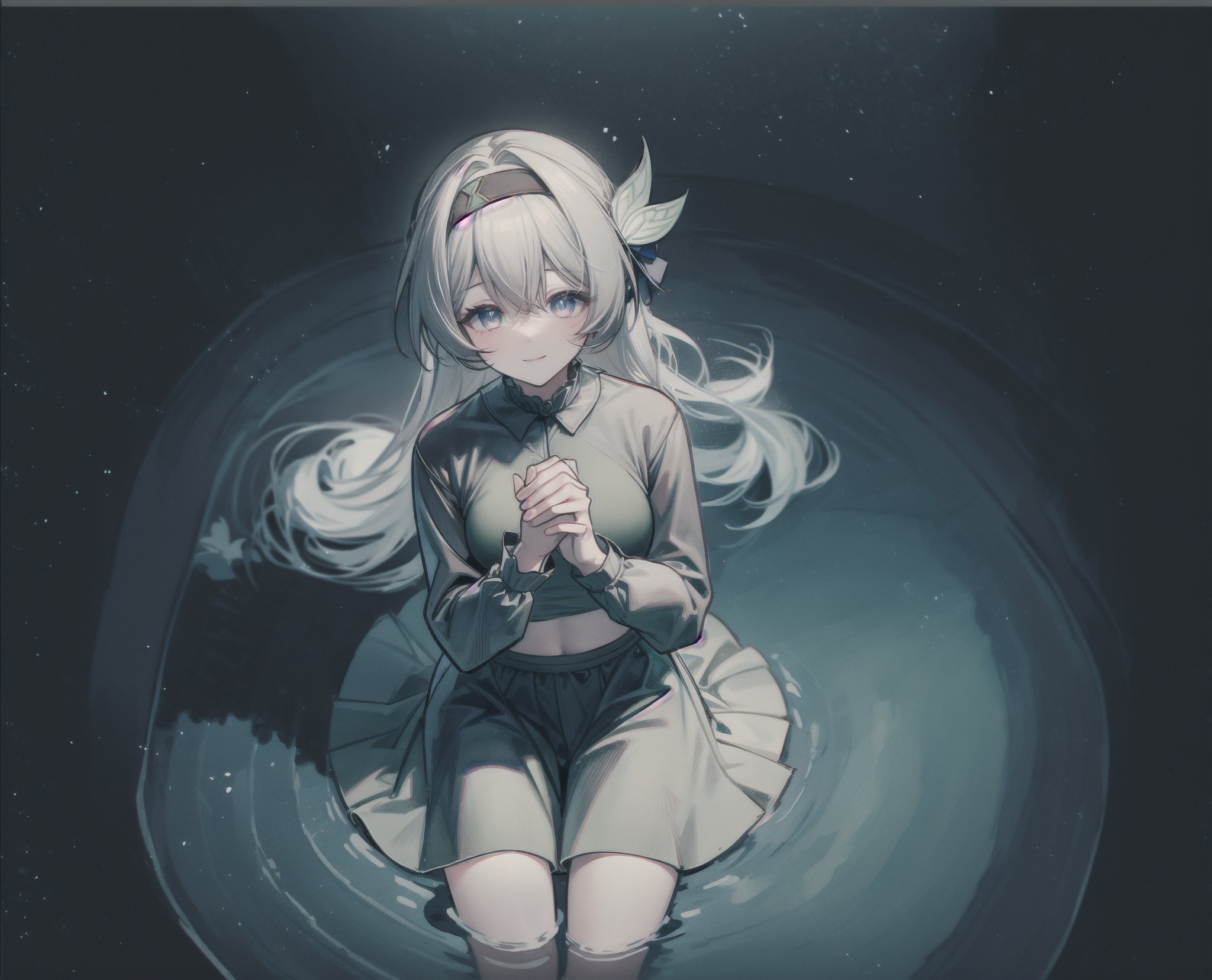 monochrome,grayscale,watercolor,masterpiece:2,((best quality)),highres,((looking_at_viewer)),1girl,solo,from above,
a gril sitting in a pool of lotus,leaves,perspective,depth of fields,sitting,water,
grey hair,long hair,hair ornament,black hairband,blue eyes,long sleeves,green skirt,green thighhighs,smile,