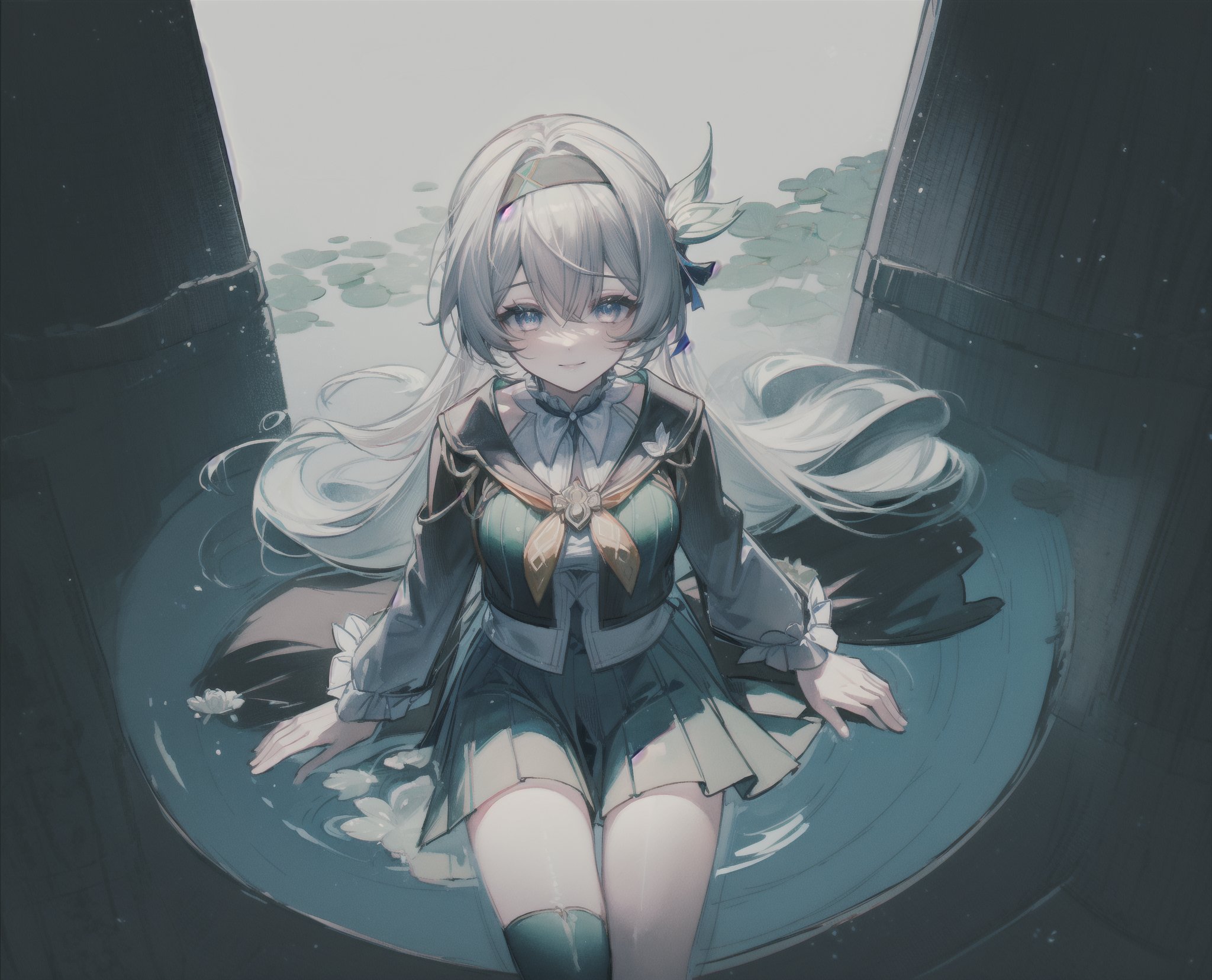 monochrome,grayscale,watercolor,masterpiece:2,((best quality)),highres,((looking_at_viewer)),1girl,solo,from above,
a gril sitting in a pool of lotus,leaves,perspective,depth of fields,sitting,water,
grey hair,long hair,hair ornament,black hairband,blue eyes,long sleeves,green skirt,green thighhighs,smile,