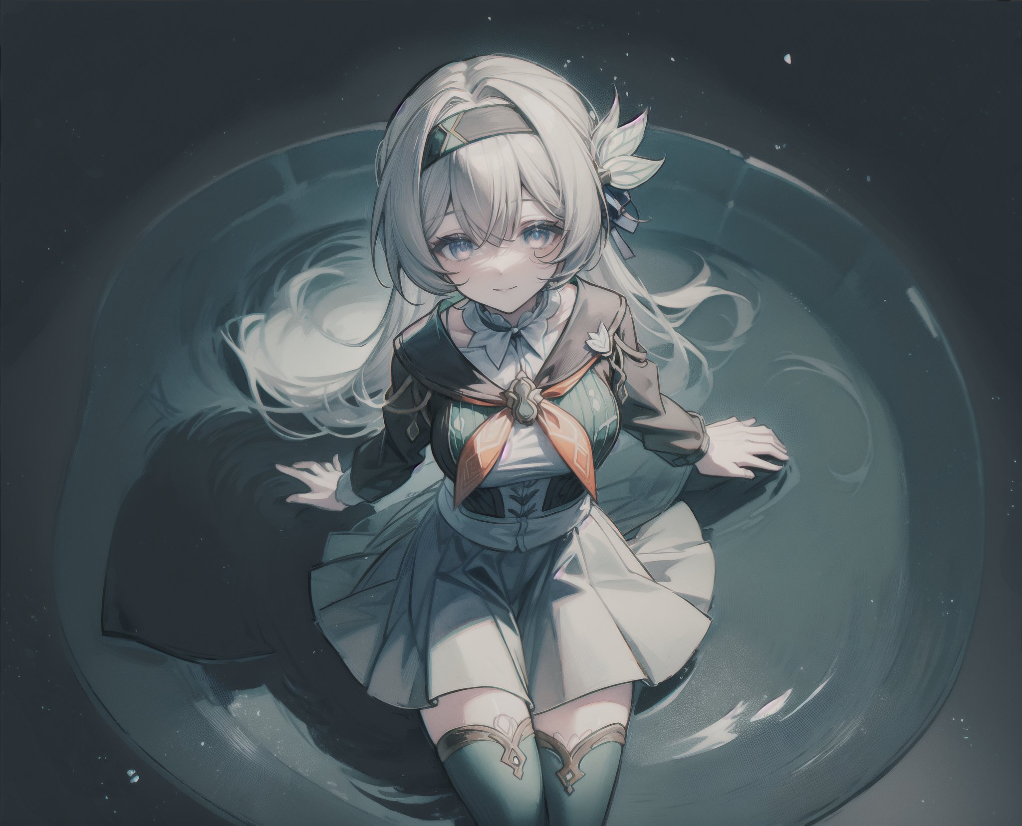 monochrome,grayscale,watercolor,masterpiece:2,((best quality)),highres,((looking_at_viewer)),1girl,solo,from above,
a gril sitting in a pool of lotus,leaves,perspective,depth of fields,sitting,water,
grey hair,long hair,hair ornament,black hairband,blue eyes,long sleeves,green skirt,green thighhighs,smile,