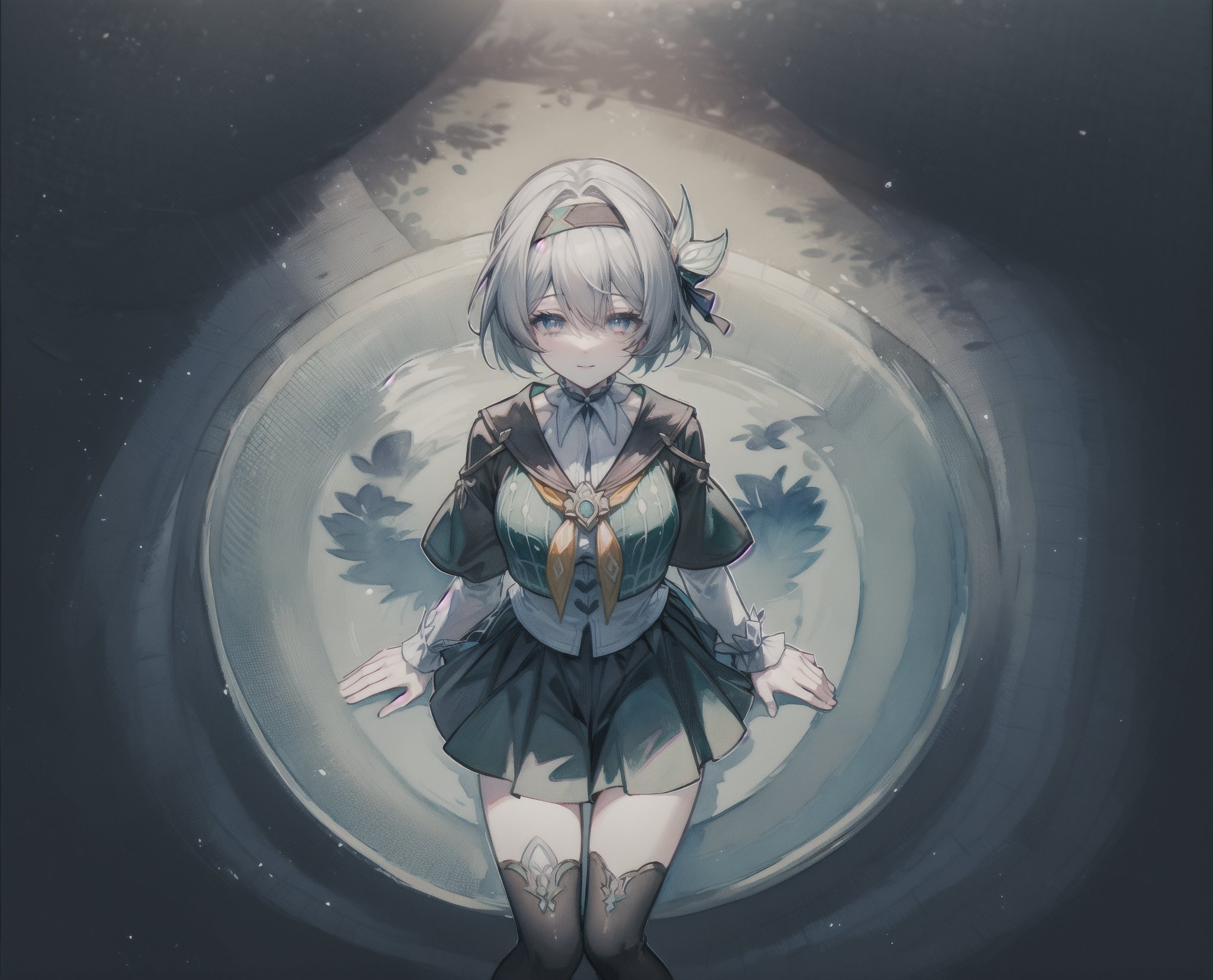 monochrome,grayscale,watercolor,masterpiece:2,((best quality)),highres,((looking_at_viewer)),1girl,solo,from above,
a gril sitting in a pool of lotus,leaves,perspective,depth of fields,sitting,water,
grey hair,long hair,hair ornament,black hairband,blue eyes,long sleeves,green skirt,green thighhighs,smile,