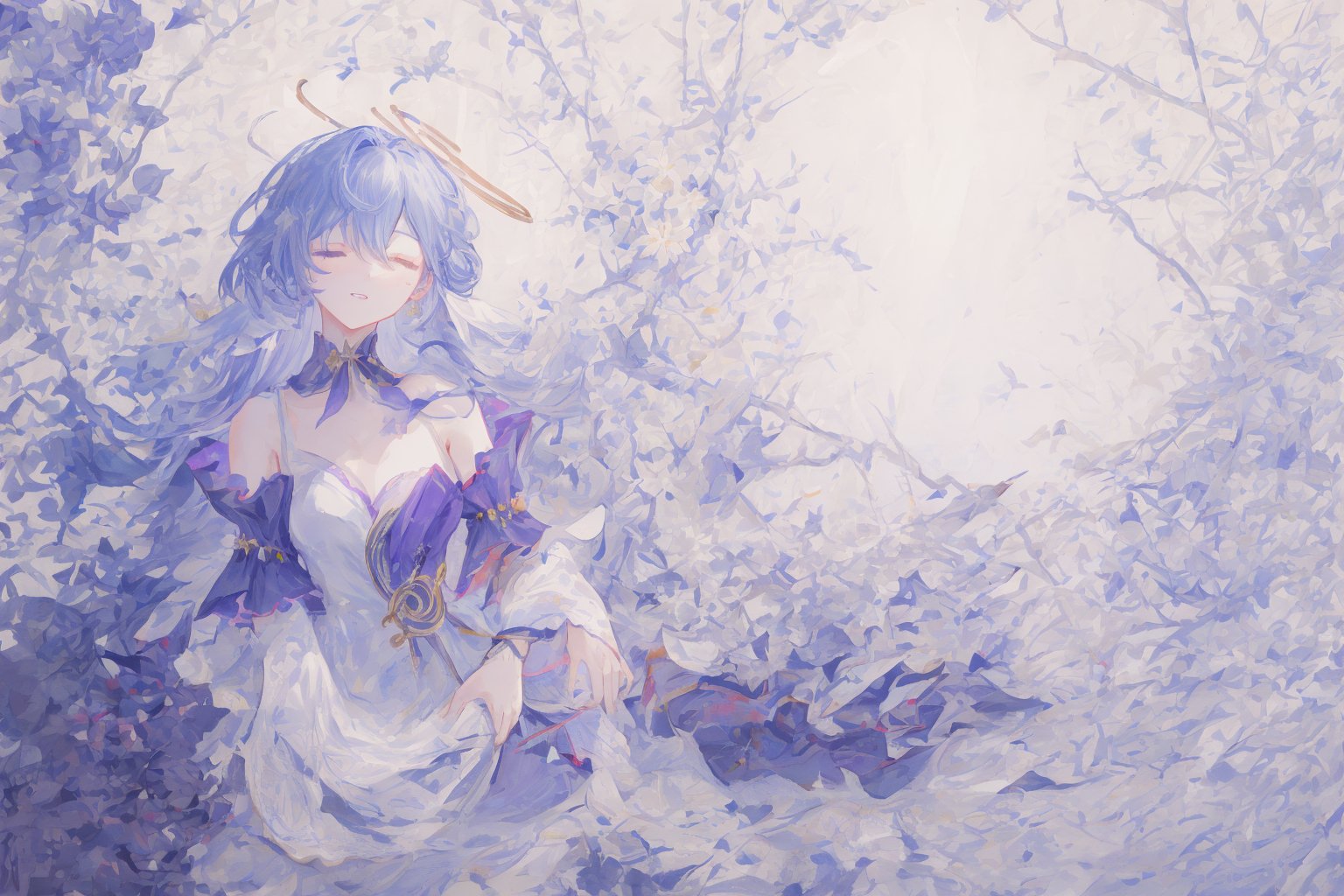 Official Art, Unity 8K Wallpaper, Extreme Detailed, Beautiful and Aesthetic, Masterpiece, Top Quality, perfect anatomy, 

1girl, solo, long hair, bangs, hair ornament, dress, jewelry, closed eyes, upper body, purple hair, flower, earrings, parted lips, hair flower, head tilt, book, eyelashes, makeup, halo, white flower, crescent, facing viewer, book stack, hyacinth, star_(sky), 

a beautifully drawn (((ink illustration))) depicting, vintage, RED and INDIGO accents, watercolor painting, concept art, (best illustration), (best shadow), Analog Color Theme, vivid colours, contrast, smooth, sharp focus, scenery, 

(Pencil_Sketch:1.2,masterpiece, midjourney, best quality, incredibly absurdres, messy lines,high detail eyes,More Detail,perfect light,portrait, ,robin