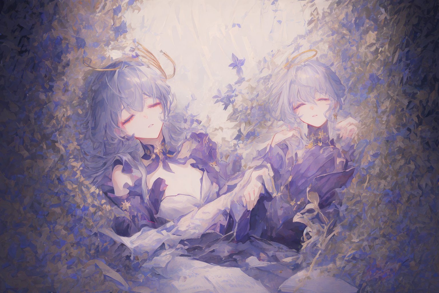 Official Art, Unity 8K Wallpaper, Extreme Detailed, Beautiful and Aesthetic, Masterpiece, Top Quality, perfect anatomy, 

1girl, solo, long hair, bangs, hair ornament, dress, jewelry, closed eyes, upper body, purple hair, flower, earrings, parted lips, hair flower, head tilt, book, eyelashes, makeup, halo, white flower, crescent, facing viewer, book stack, hyacinth, star_(sky), 

a beautifully drawn (((ink illustration))) depicting, vintage, RED and INDIGO accents, watercolor painting, concept art, (best illustration), (best shadow), Analog Color Theme, vivid colours, contrast, smooth, sharp focus, scenery, 

(Pencil_Sketch:1.2,masterpiece, midjourney, best quality, incredibly absurdres, messy lines,high detail eyes,More Detail,perfect light,portrait, ,robin