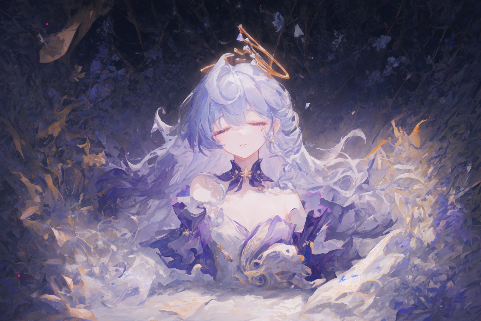 Official Art, Unity 8K Wallpaper, Extreme Detailed, Beautiful and Aesthetic, Masterpiece, Top Quality, perfect anatomy, 

1girl, solo, long hair, bangs, hair ornament, dress, jewelry, closed eyes, upper body, purple hair, flower, earrings, parted lips, hair flower, head tilt, book, eyelashes, makeup, halo, white flower, crescent, facing viewer, book stack, hyacinth, star_(sky), 

a beautifully drawn (((ink illustration))) depicting, vintage, RED and INDIGO accents, watercolor painting, concept art, (best illustration), (best shadow), Analog Color Theme, vivid colours, contrast, smooth, sharp focus, scenery, 

(Pencil_Sketch:1.2,masterpiece, midjourney, best quality, incredibly absurdres, messy lines,high detail eyes,More Detail,perfect light,portrait, ,robin