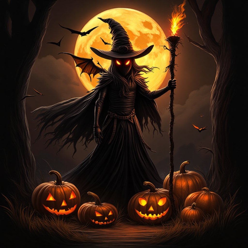 Masterpiece, high quality, illustration, 8k , solo, hat, holding, no humans, witch hat, night, glowing, moon, cross, fire, staff, glowing eyes, full moon, halloween, jack-o'-lantern,  , witch, pumpkin, bat\(animal\), Halloween2024