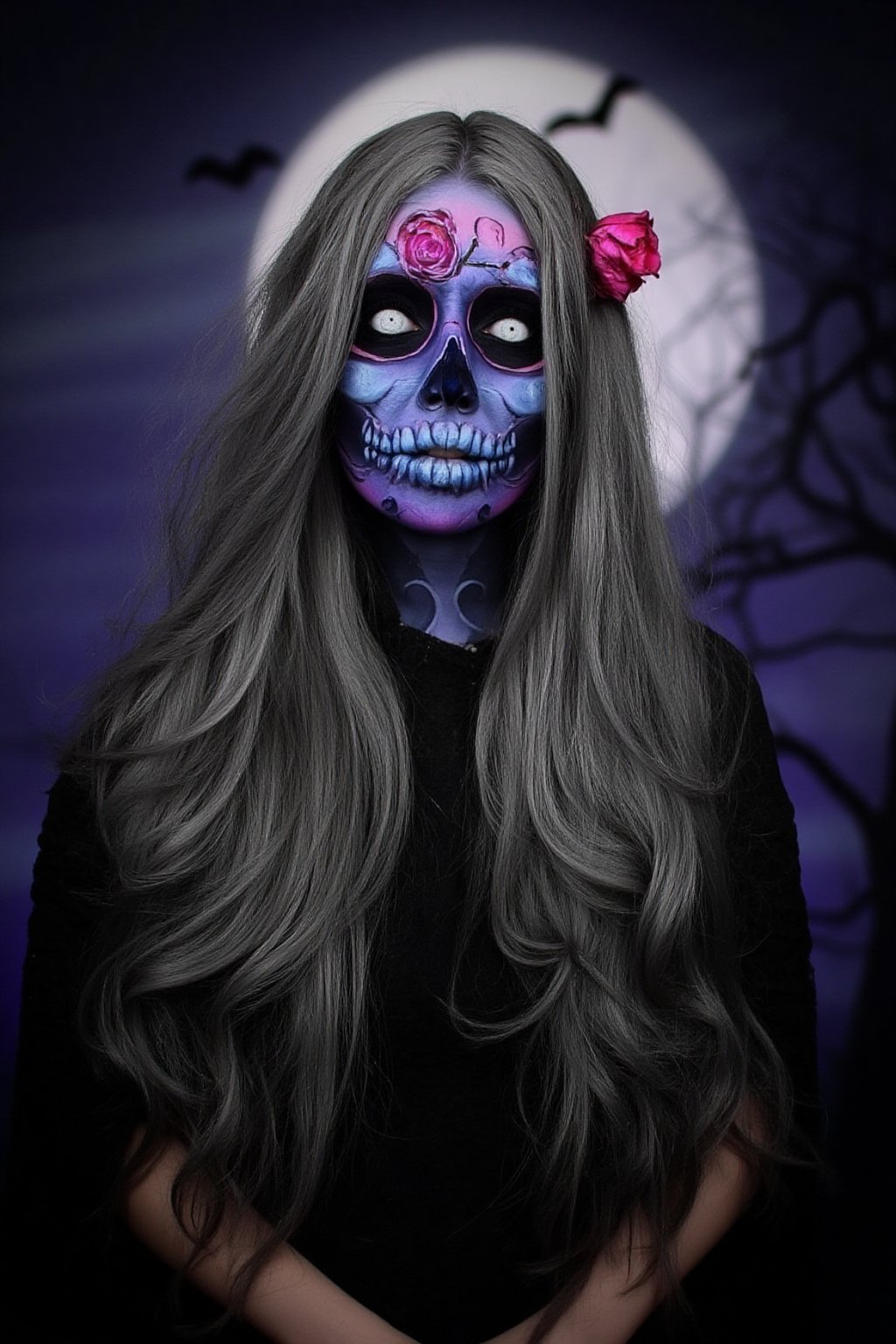 Masterpiece, High quality, illustration, 1girl, solo, long hair, looking at viewer, simple background, hair ornament, flower, grey hair, teeth, hair flower, dark horror night , halloween theme, full moon background, horro environment,Face_Paint