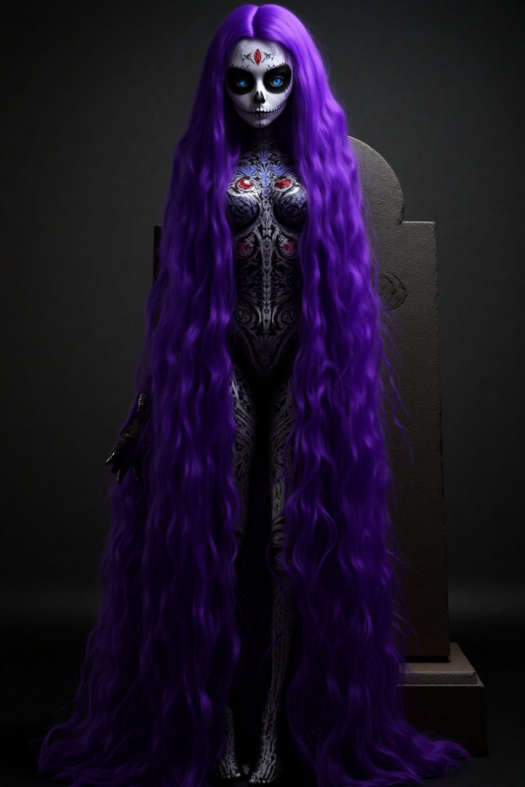 Masterpiece, professional, award-winning, intricate details, ultra high detailed, 64k, dramatic light, volumetric light, create an image of 1girl, expressive eyes, perfect face, (bright purple hair, long hair), perfect anatomy, full body, looking at viewer, bright blue eyes, beautiful face, perfect face, perfect hands, perfect legs, super detailed clothing, intricate clothing, super detailed and intricate makeup,with white skin, long wavy purple hair, thin blue eyes with a medium bust dressed as Catrina from the Day of the Dead in Mexico. She wears very detailed makeup alluding to the Day of the Dead in Mexico called Catrina, She is standing next to a large grave, photorealistic, 8k, realistic shadows. Showcasing incredible texture and detail. Rendered in high-quality, super-detailed textures. Meticulously illustrated. Adds ominous atmosphere in the image, 8k,Face_Paint