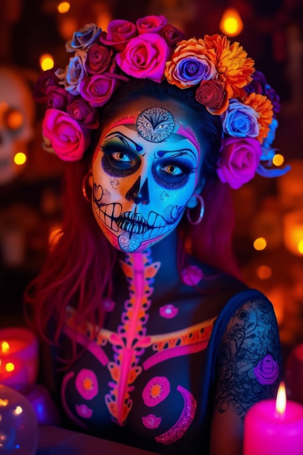 Vibrant sugar skull makeup for Halloween, inspired by Día de los Muertos. A female model with her face painted in intricate, colorful patterns resembling a skull, with roses and marigolds woven into her hair. The background is filled with glowing candles, skulls, and festive decorations. Bright blues, pinks, and oranges dominate the color palette. The overall atmosphere is festive, yet slightly eerie, with a blend of traditional Mexican elements and a celebratory mood.,Face_Paint