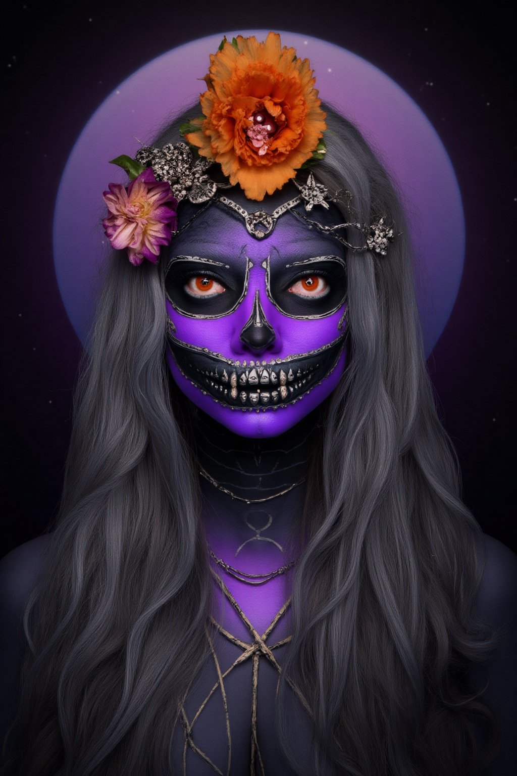 Masterpiece, High quality, illustration, 1girl, solo, long hair, looking at viewer, simple background, hair ornament, flower, grey hair, teeth, hair flower, dark horror background, halloween theme, full moon background, horro environment,Face_Paint