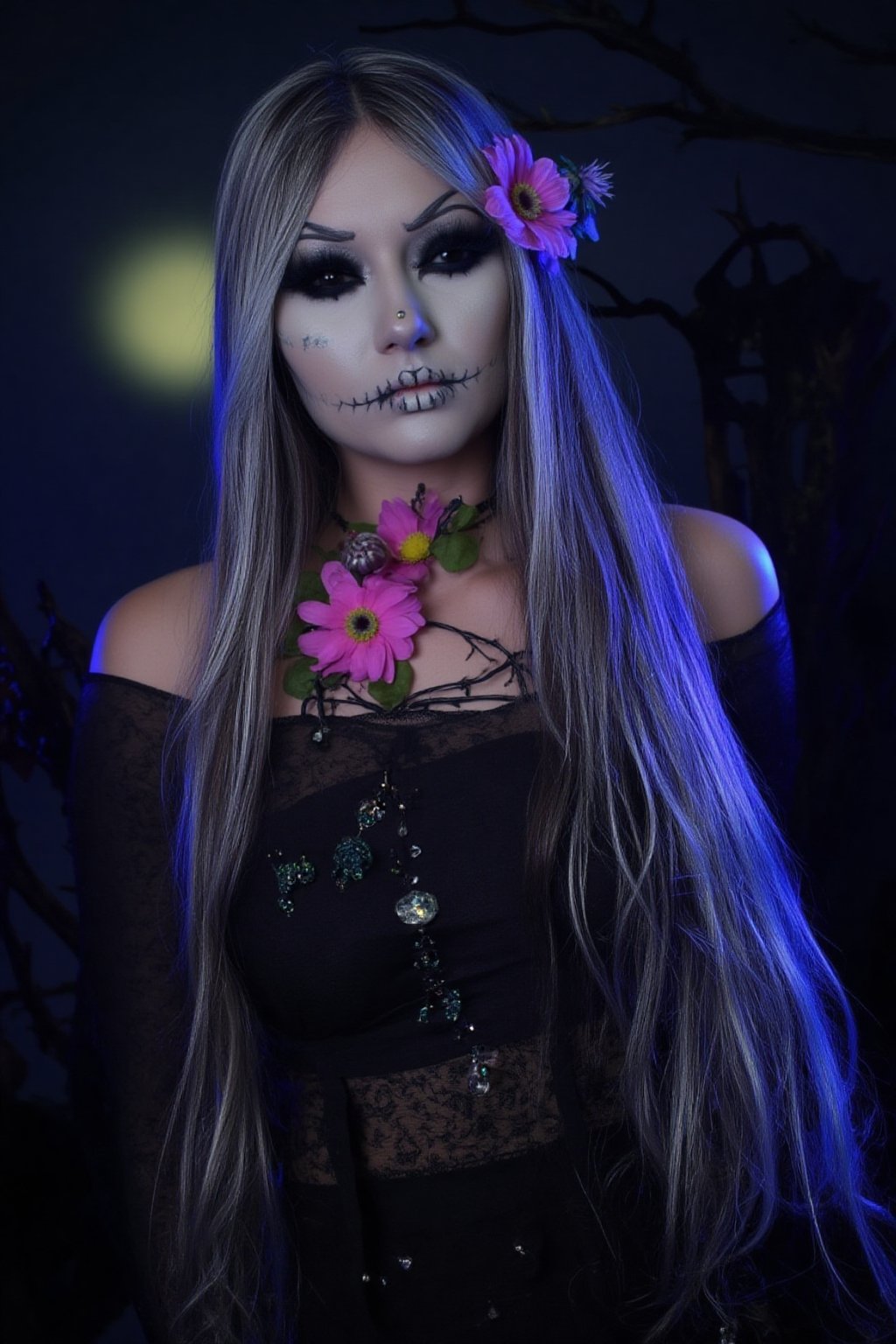 Masterpiece, High quality, illustration, 1girl, solo, long hair, looking at viewer, simple background, hair ornament, flower, grey hair, teeth, hair flower, dark night, graveyard , halloween theme, full moon background, Face_Paint