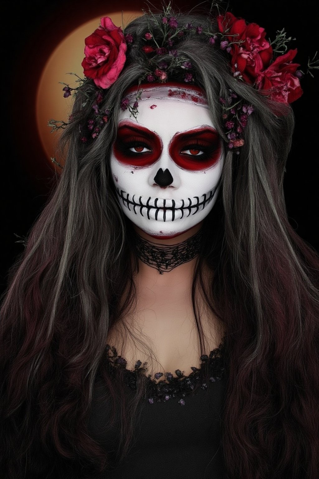 Masterpiece, High quality, illustration, 1girl, solo, long hair, looking at viewer, simple background, hair ornament, flower, grey hair, teeth, hair flower, dark horror background, halloween theme, full moon background, horro environment,Face_Paint